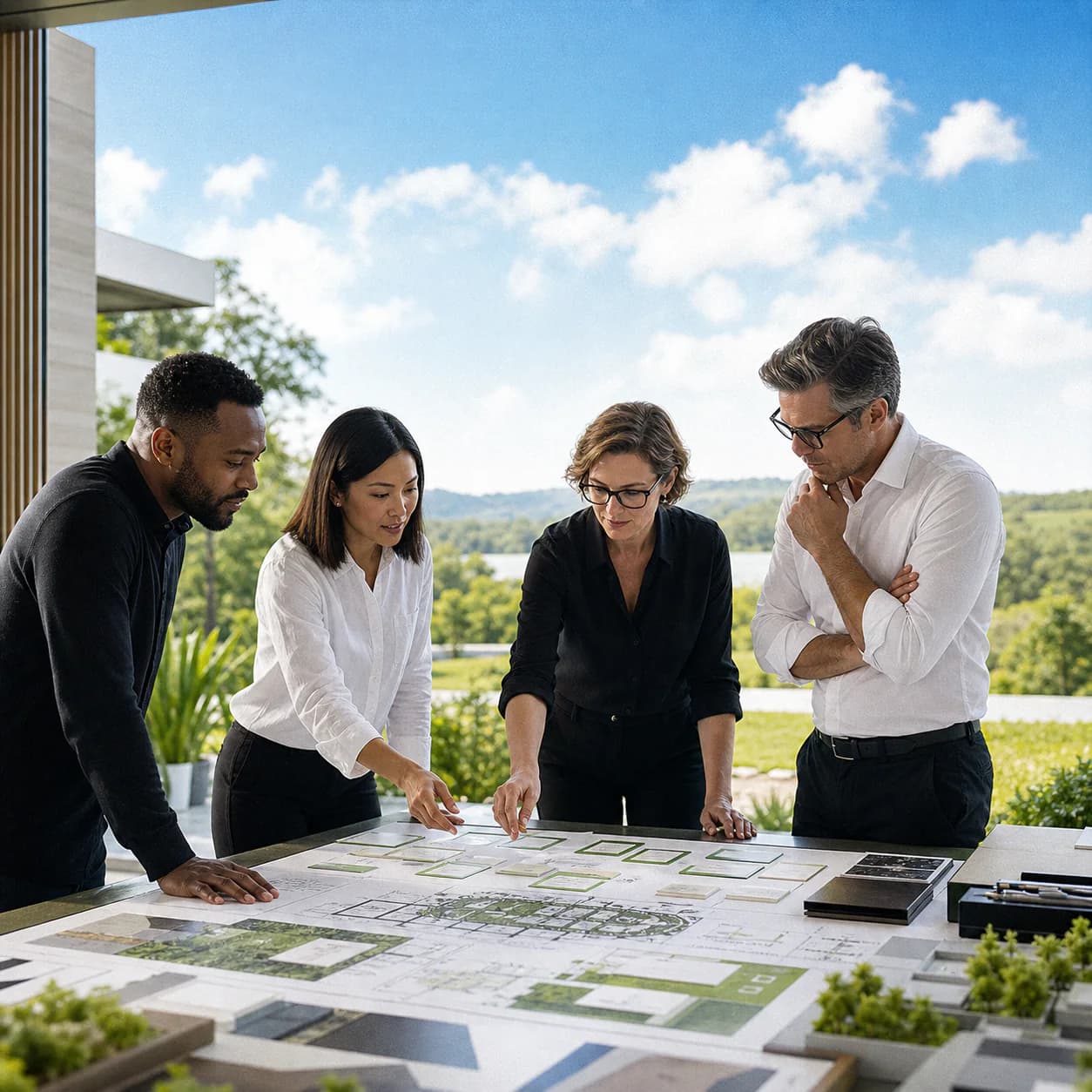 A consulting team building a connected delivery plan in a bright project studio
