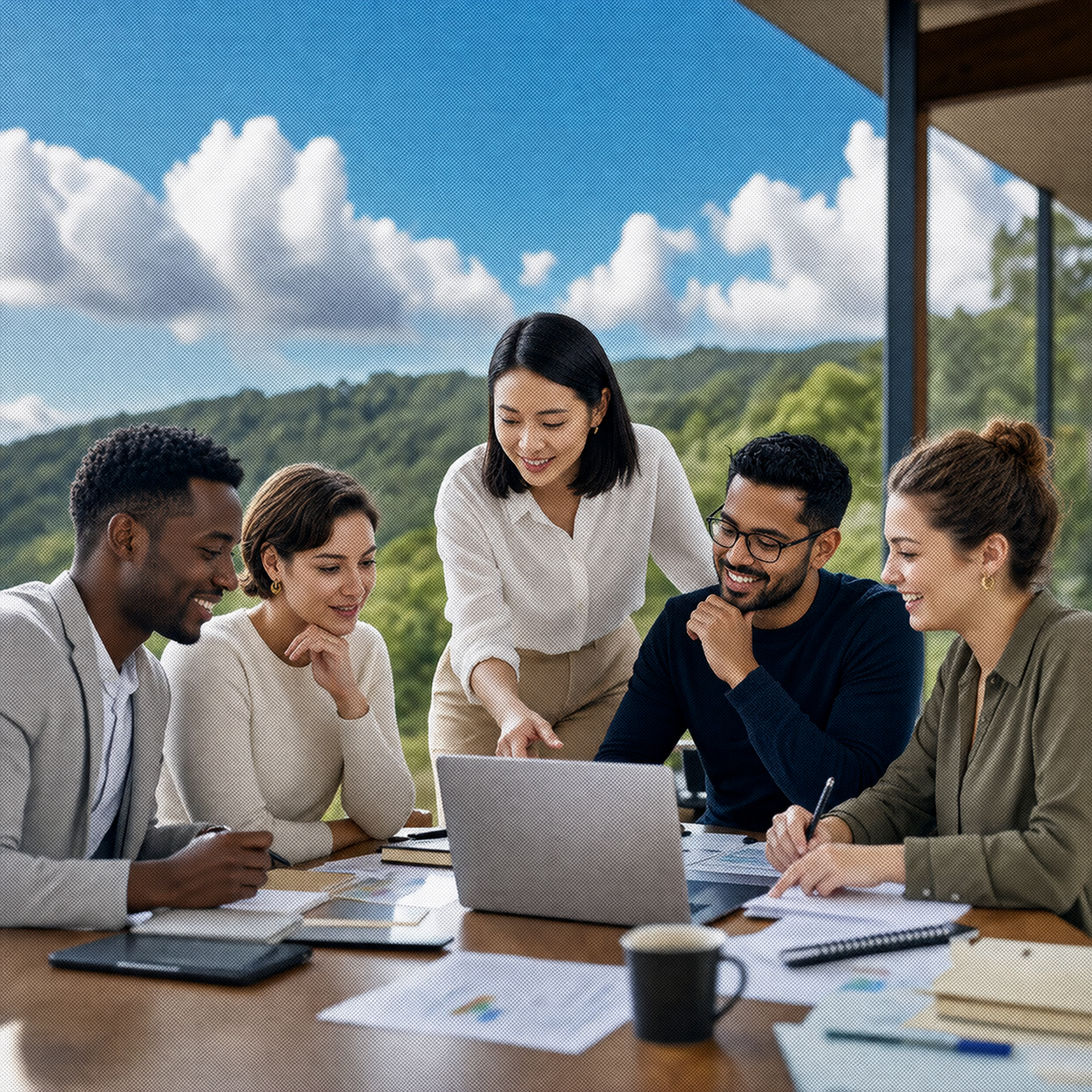 A diverse group of professionals learning together around a laptop in a bright landscape